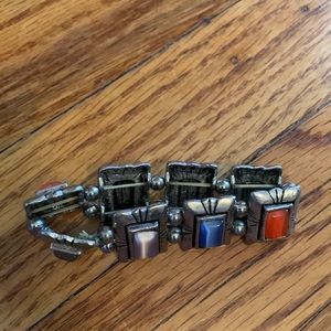 Vintage boho bracelet silver tone elastic bracelet w glass beads